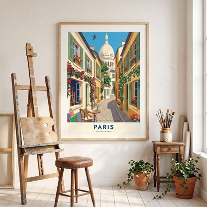 Affiche ruelle Montmartre fleurie, poster Paris terrasse de café, art mural voyage France
