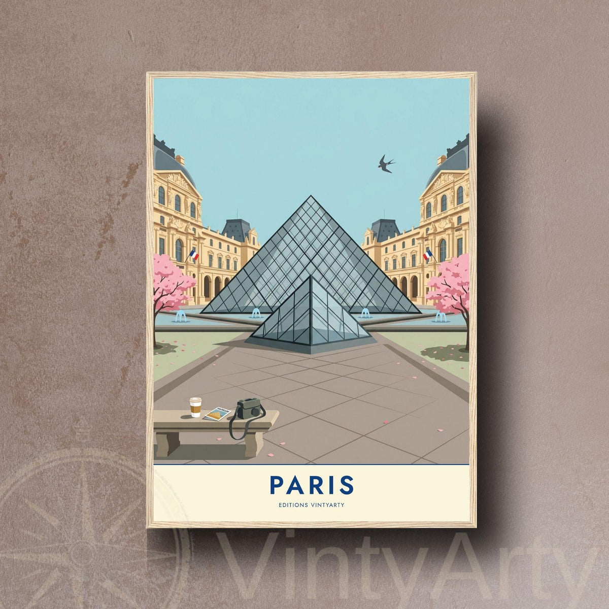 Affiche Paris Louvre, poster pyramide et cerisiers en fleurs, illustration voyage, décoration murale