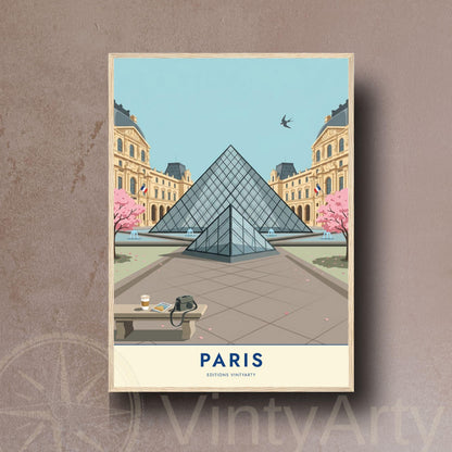 Affiche Paris Louvre, poster pyramide et cerisiers en fleurs, illustration voyage, décoration murale