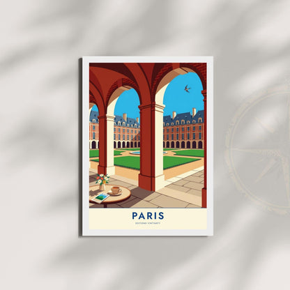 Affiche Place des Vosges Paris, arcades du Marais, poster voyage France, art mural architecture