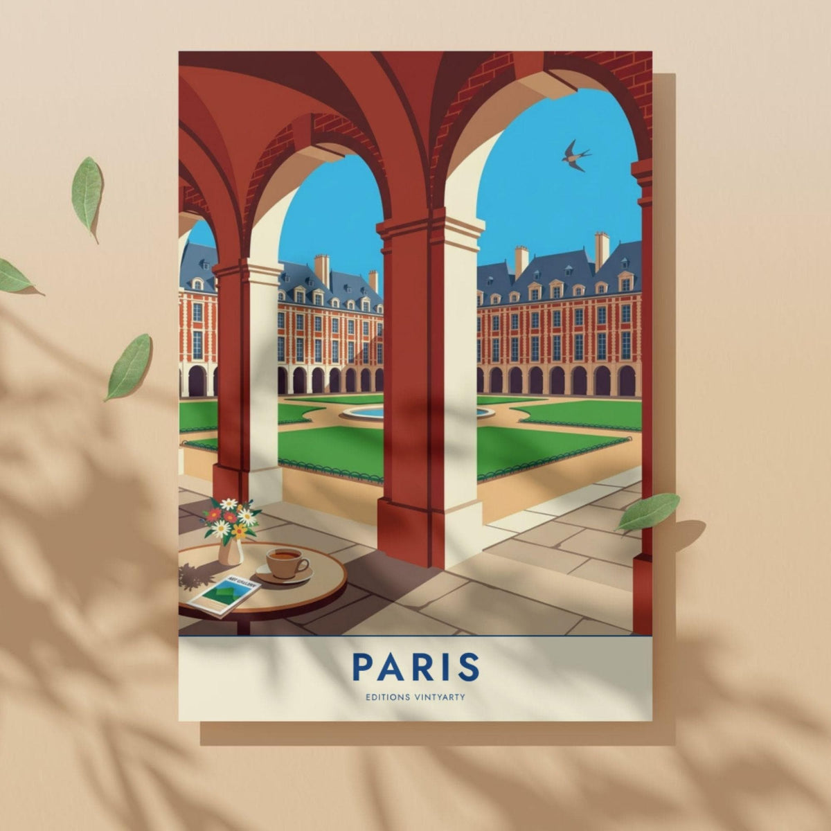 Affiche Place des Vosges Paris, arcades du Marais, poster voyage France, art mural architecture