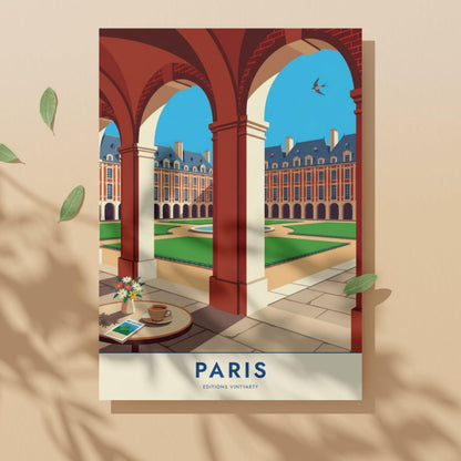 Affiche Place des Vosges Paris, arcades du Marais, poster voyage France, art mural architecture