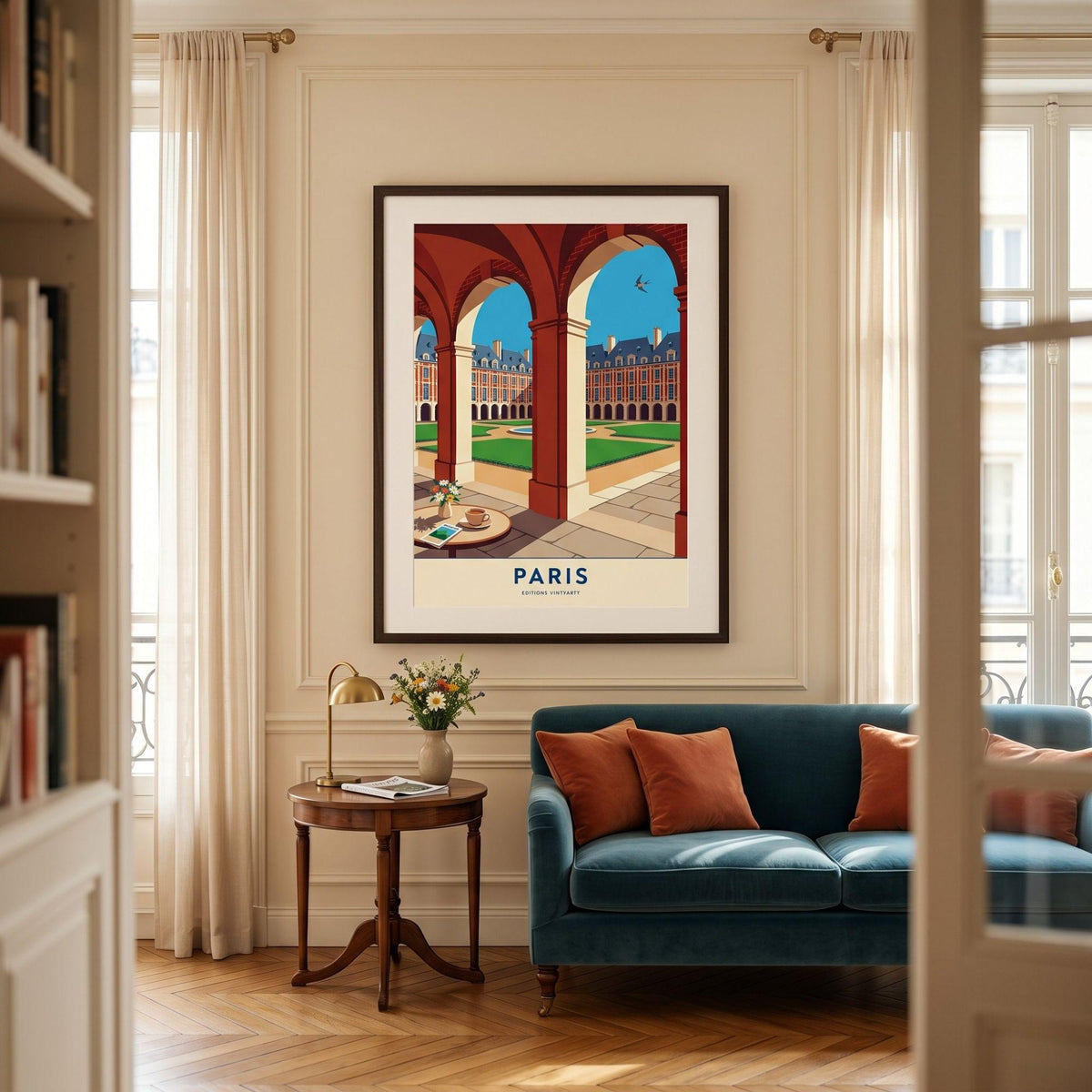 Affiche Place des Vosges Paris, arcades du Marais, poster voyage France, art mural architecture