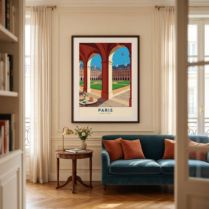 Affiche Place des Vosges Paris, arcades du Marais, poster voyage France, art mural architecture