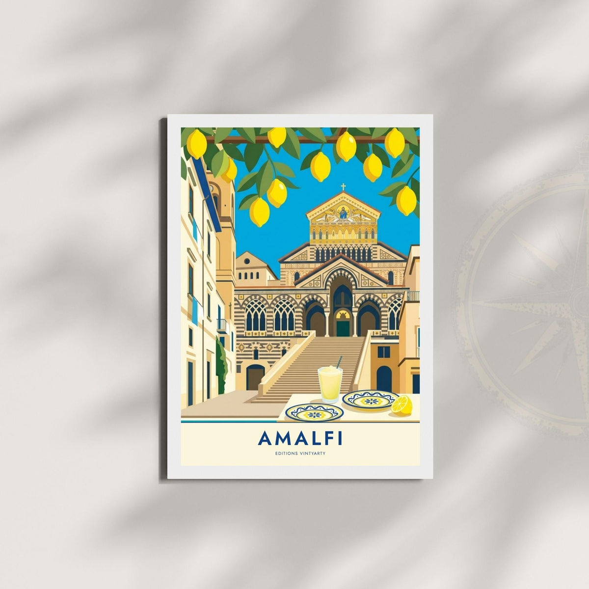 Affiche Amalfi cathédrale et citrons, poster côte amalfitaine Italie, art mural cuisine méditerranéenne
