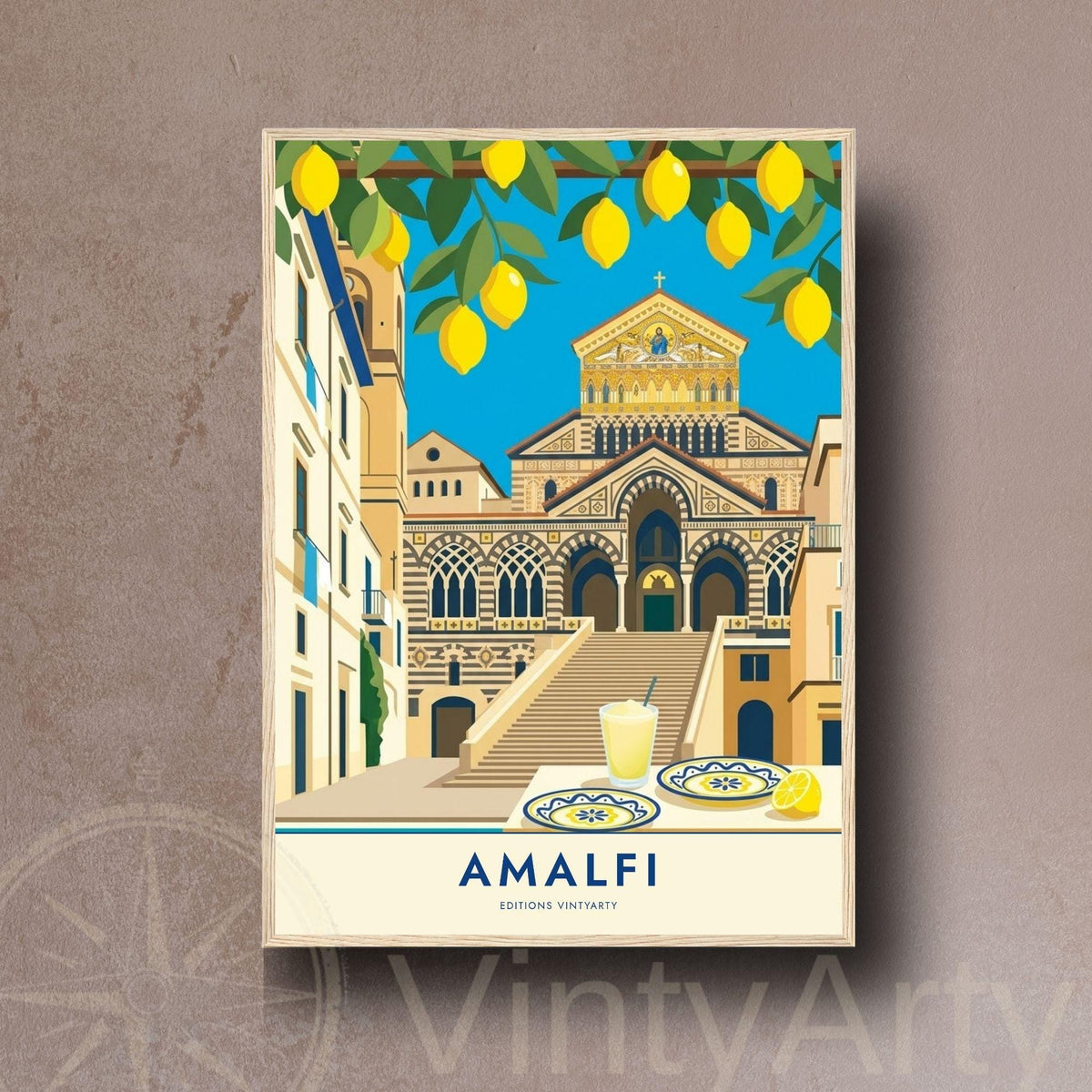 Affiche Amalfi cathédrale et citrons, poster côte amalfitaine Italie, art mural cuisine méditerranéenne