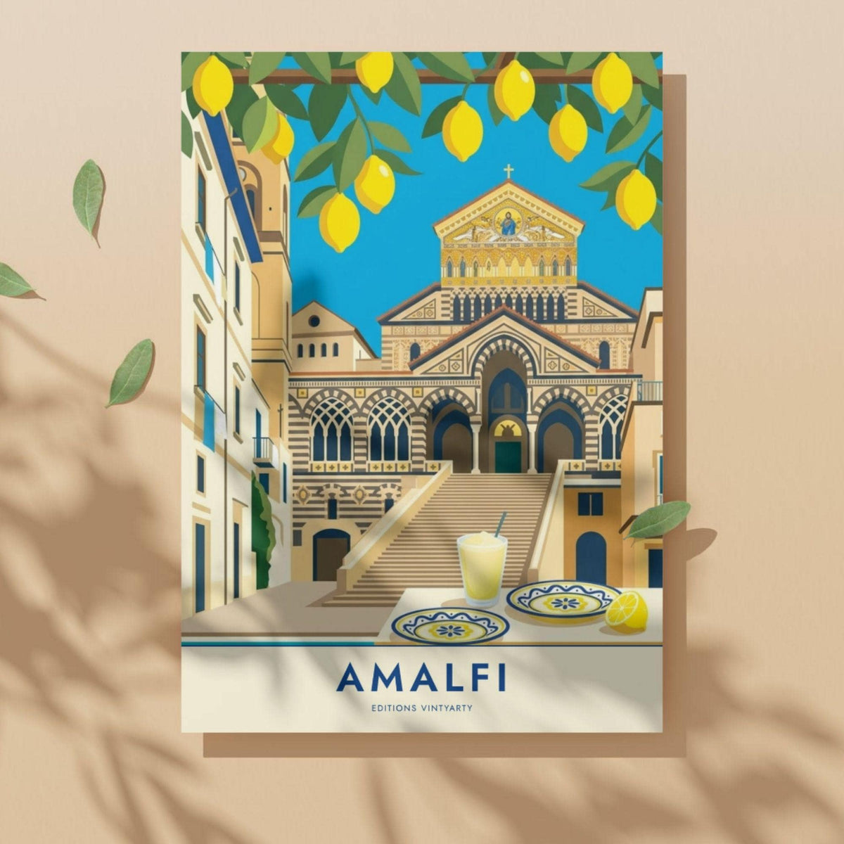 Affiche Amalfi cathédrale et citrons, poster côte amalfitaine Italie, art mural cuisine méditerranéenne
