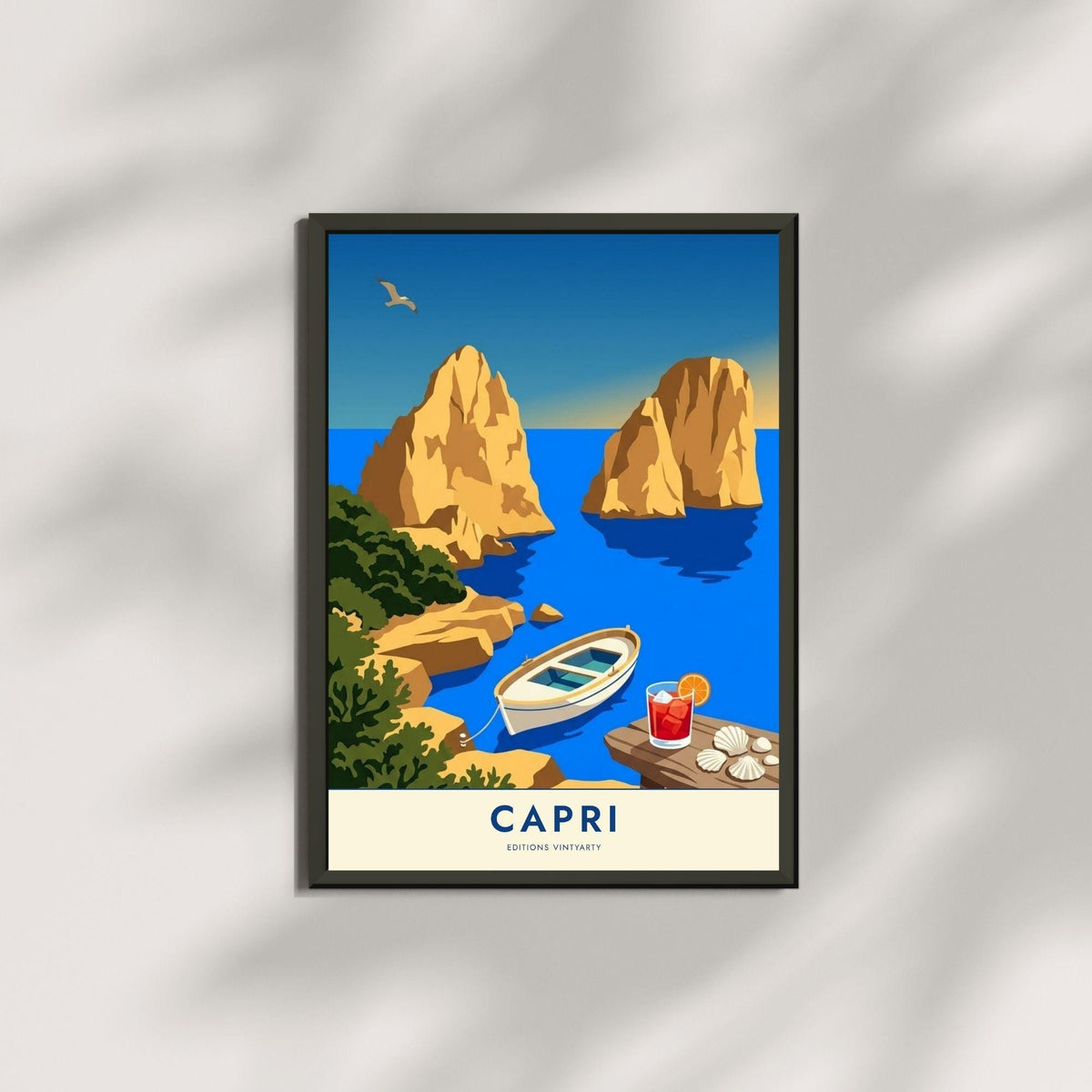 Affiche Capri Faraglioni Italie, poster golfe de Naples, art mural bord de mer bleu vif