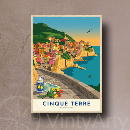 Affiche Cinque Terre Manarola Italie, poster village coloré Ligurie, art mural bord de mer