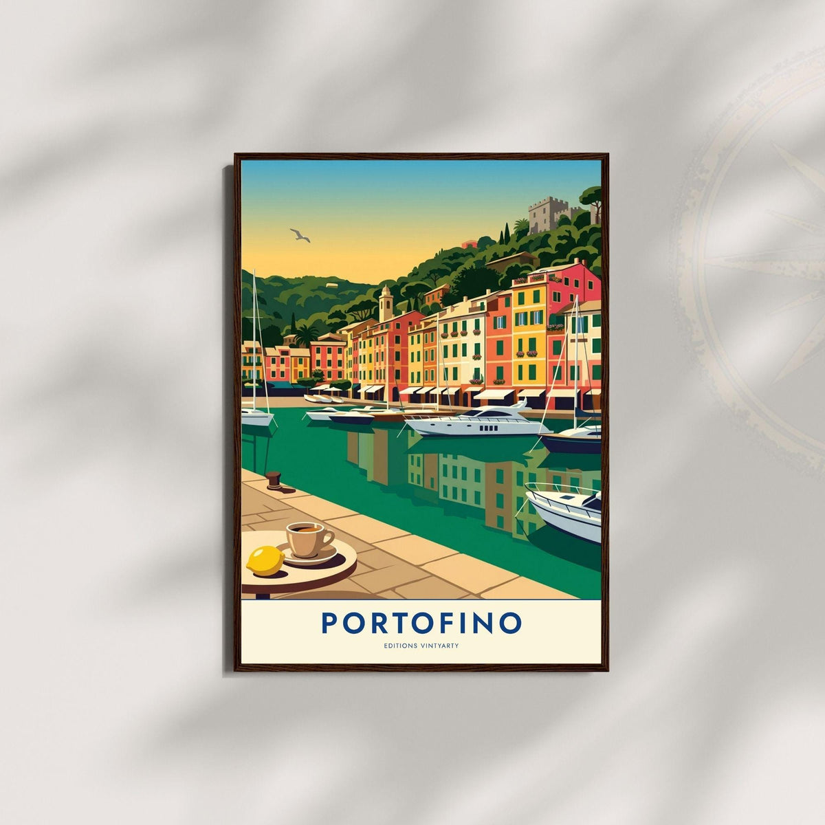 Affiche Portofino riviera italienne, poster port de plaisance Ligurie, art mural bord de mer