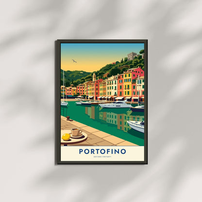 Affiche Portofino riviera italienne, poster port de plaisance Ligurie, art mural bord de mer