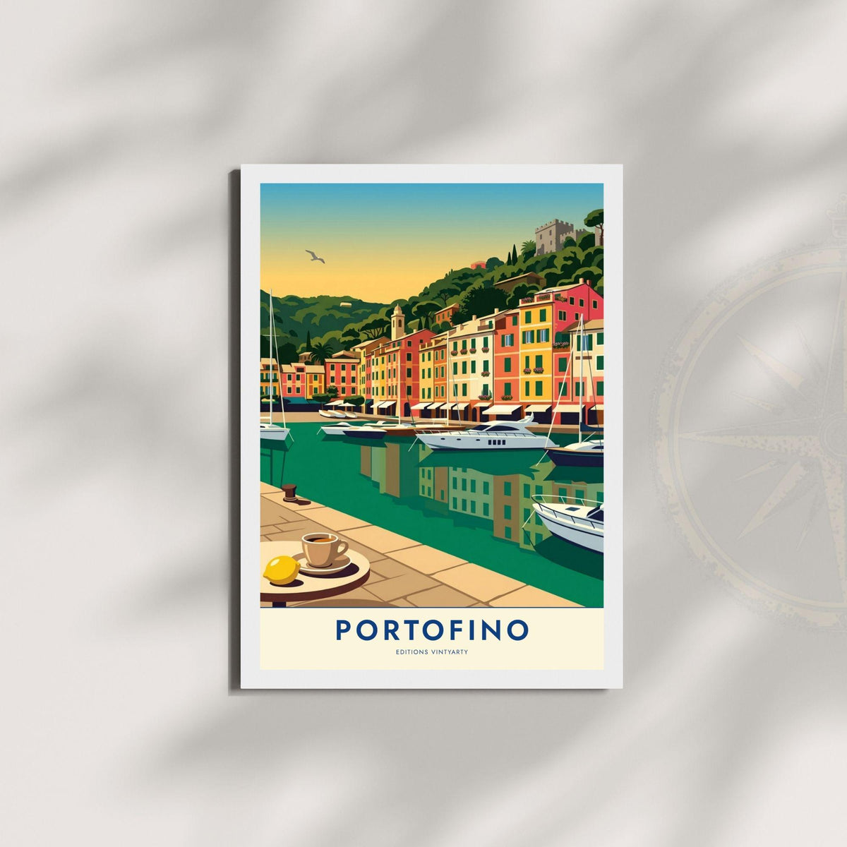 Affiche Portofino riviera italienne, poster port de plaisance Ligurie, art mural bord de mer