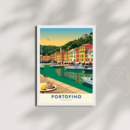 Affiche Portofino riviera italienne, poster port de plaisance Ligurie, art mural bord de mer