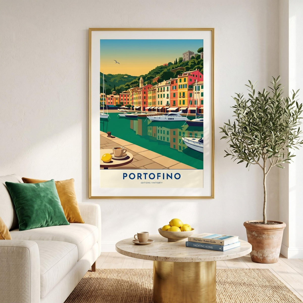 Affiche Portofino riviera italienne, poster port de plaisance Ligurie, art mural bord de mer