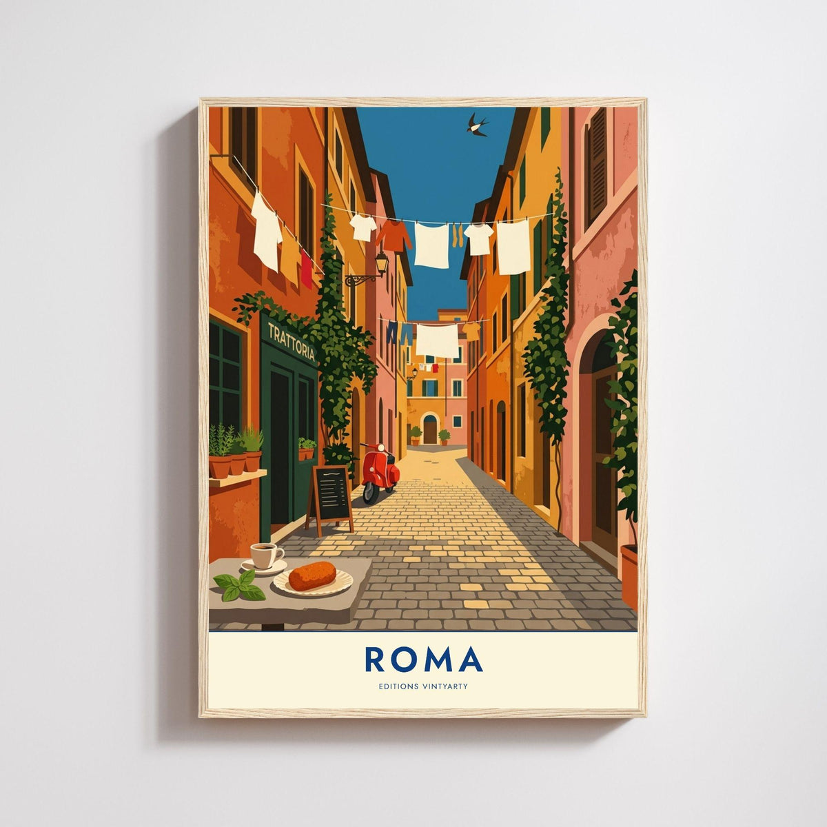 Affiche Rome ruelle Trastevere, poster trattoria et scooter, art mural cuisine italienne