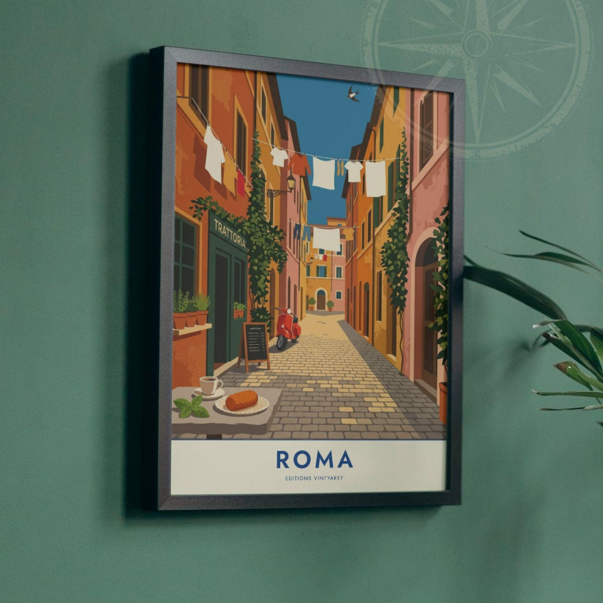 Affiche Rome ruelle Trastevere, poster trattoria et scooter, art mural cuisine italienne