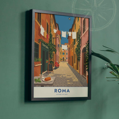 Affiche Rome ruelle Trastevere, poster trattoria et scooter, art mural cuisine italienne