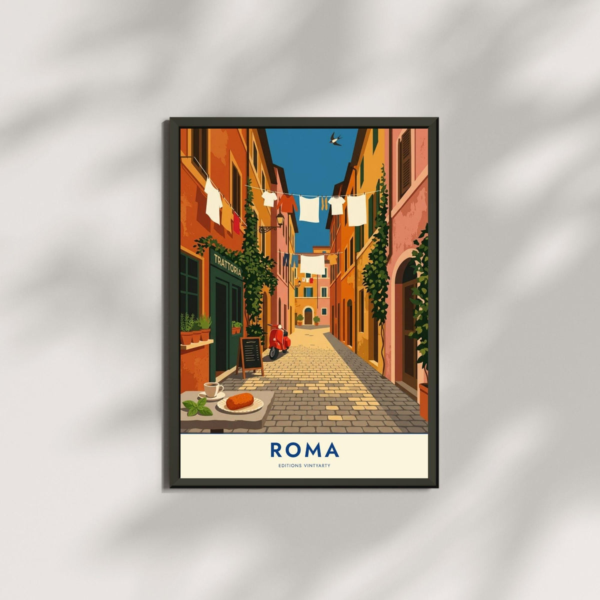 Affiche Rome ruelle Trastevere, poster trattoria et scooter, art mural cuisine italienne