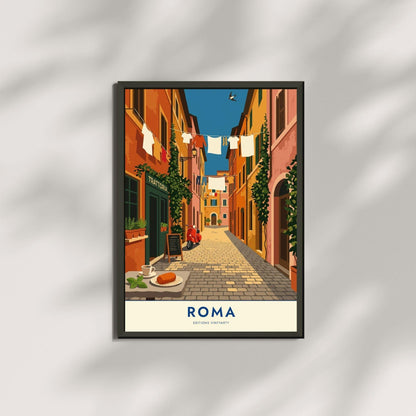 Affiche Rome ruelle Trastevere, poster trattoria et scooter, art mural cuisine italienne