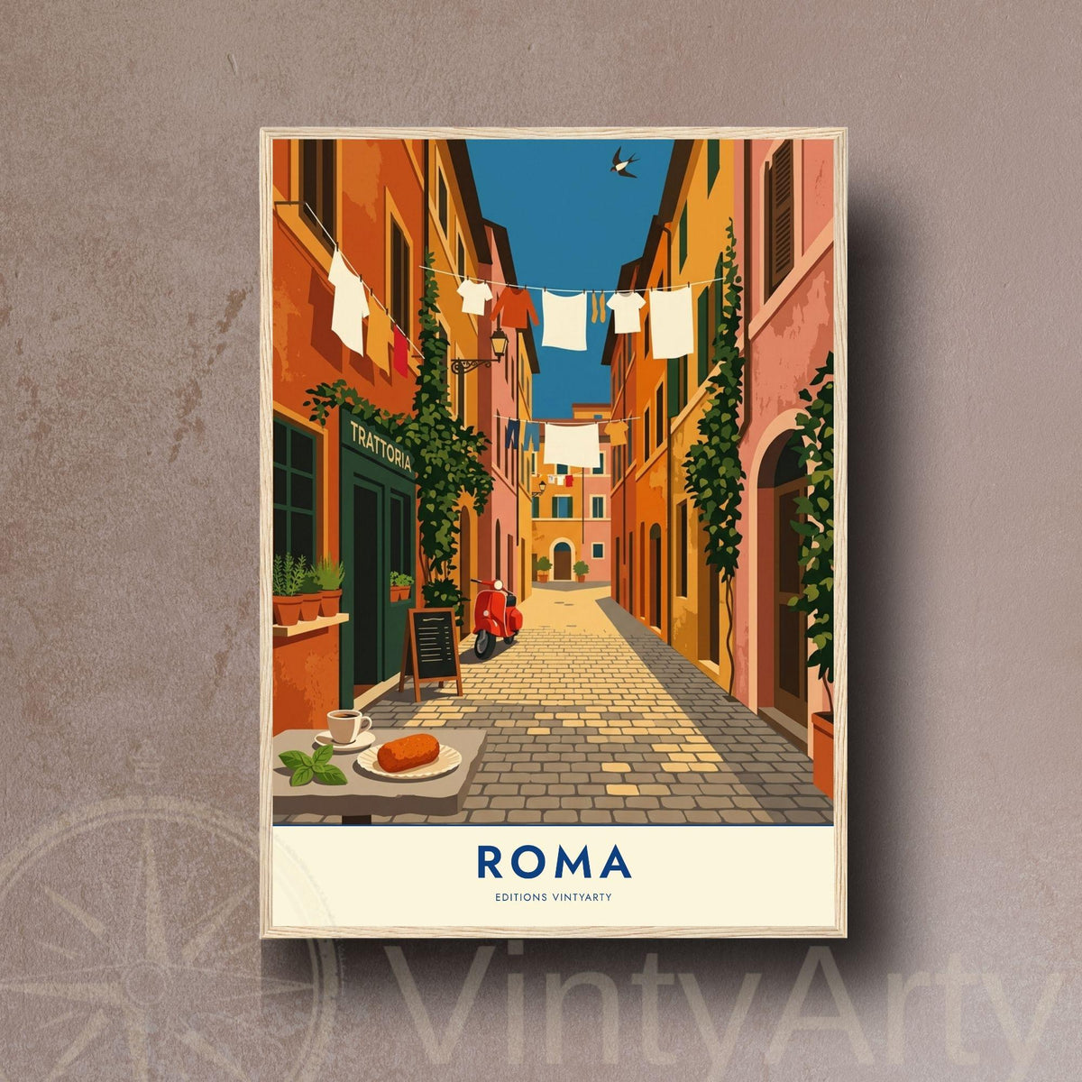 Affiche Rome ruelle Trastevere, poster trattoria et scooter, art mural cuisine italienne