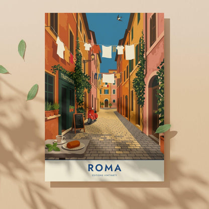 Affiche Rome ruelle Trastevere, poster trattoria et scooter, art mural cuisine italienne