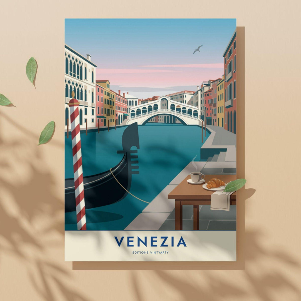 Affiche Venise pont du Rialto gondole, poster Grand Canal Italie, art mural turquoise voyage