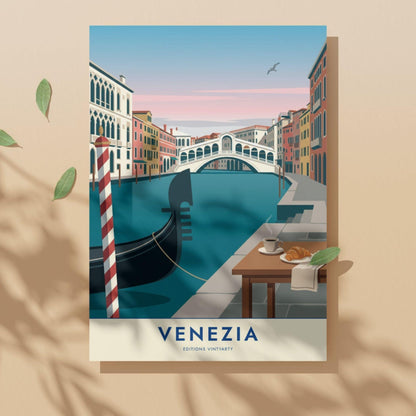 Affiche Venise pont du Rialto gondole, poster Grand Canal Italie, art mural turquoise voyage