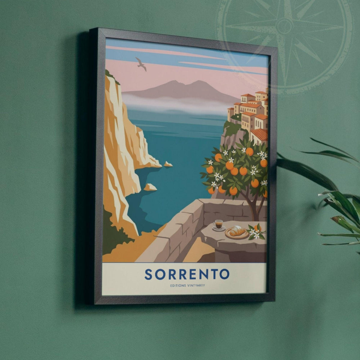 Affiche Sorrente golfe de Naples, poster Vésuve et oranger, art mural pastel bord de mer
