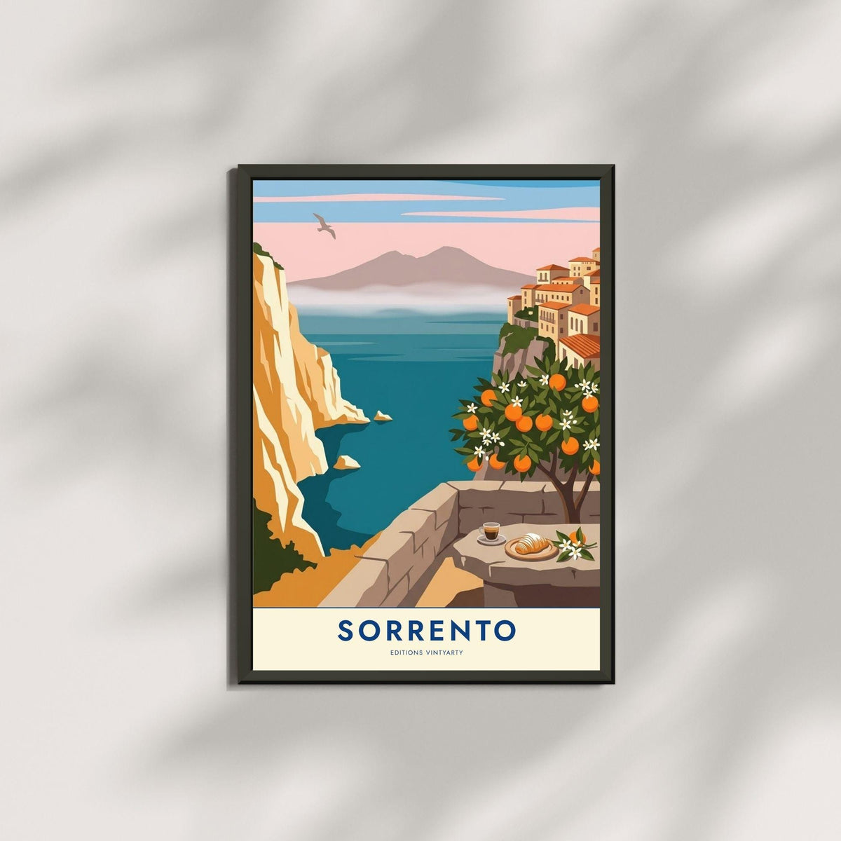 Affiche Sorrente golfe de Naples, poster Vésuve et oranger, art mural pastel bord de mer