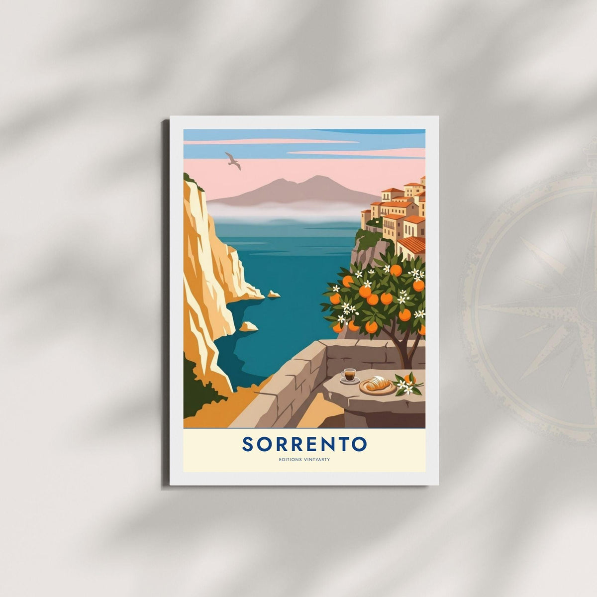 Affiche Sorrente golfe de Naples, poster Vésuve et oranger, art mural pastel bord de mer