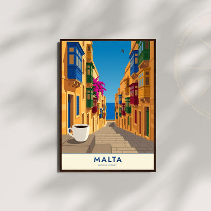 Affiche Malte La Valette balcons colorés, poster ruelle et mer, art mural jaune méditerranéen