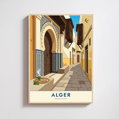 Affiche Alger ruelle de la Casbah, poster porte mauresque et zellige, art mural ocre nord-africain