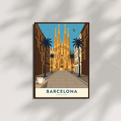 Affiche Barcelone Sagrada Familia, poster Gaudi architecture, art mural ocre voyage Espagne