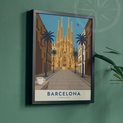 Affiche Barcelone Sagrada Familia, poster Gaudi architecture, art mural ocre voyage Espagne