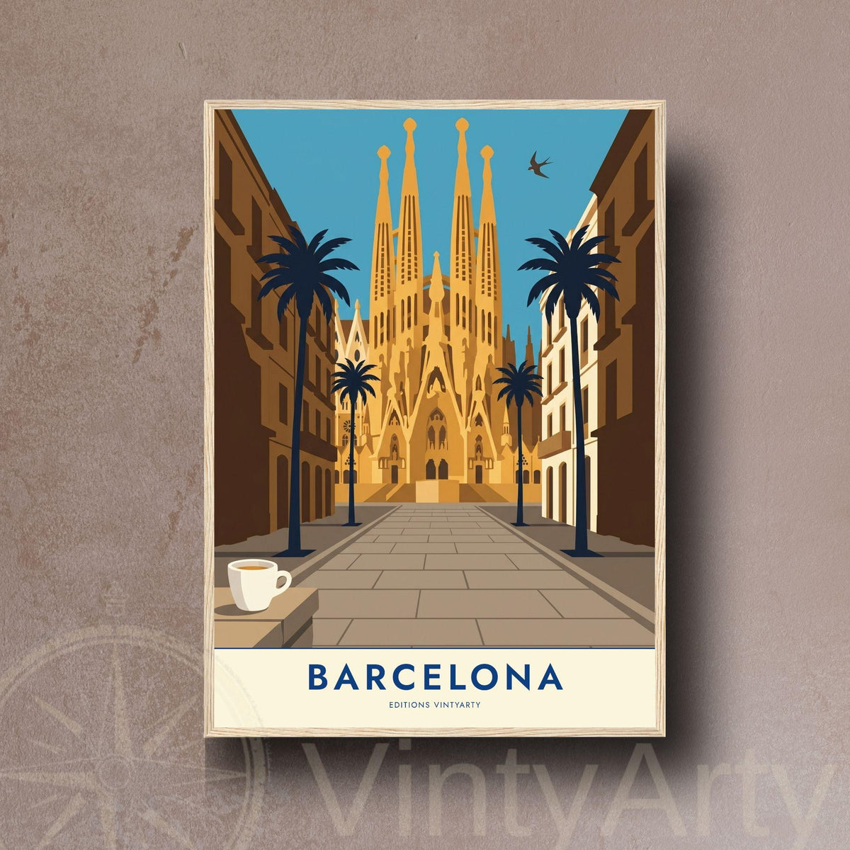 Affiche Barcelone Sagrada Familia, poster Gaudi architecture, art mural ocre voyage Espagne