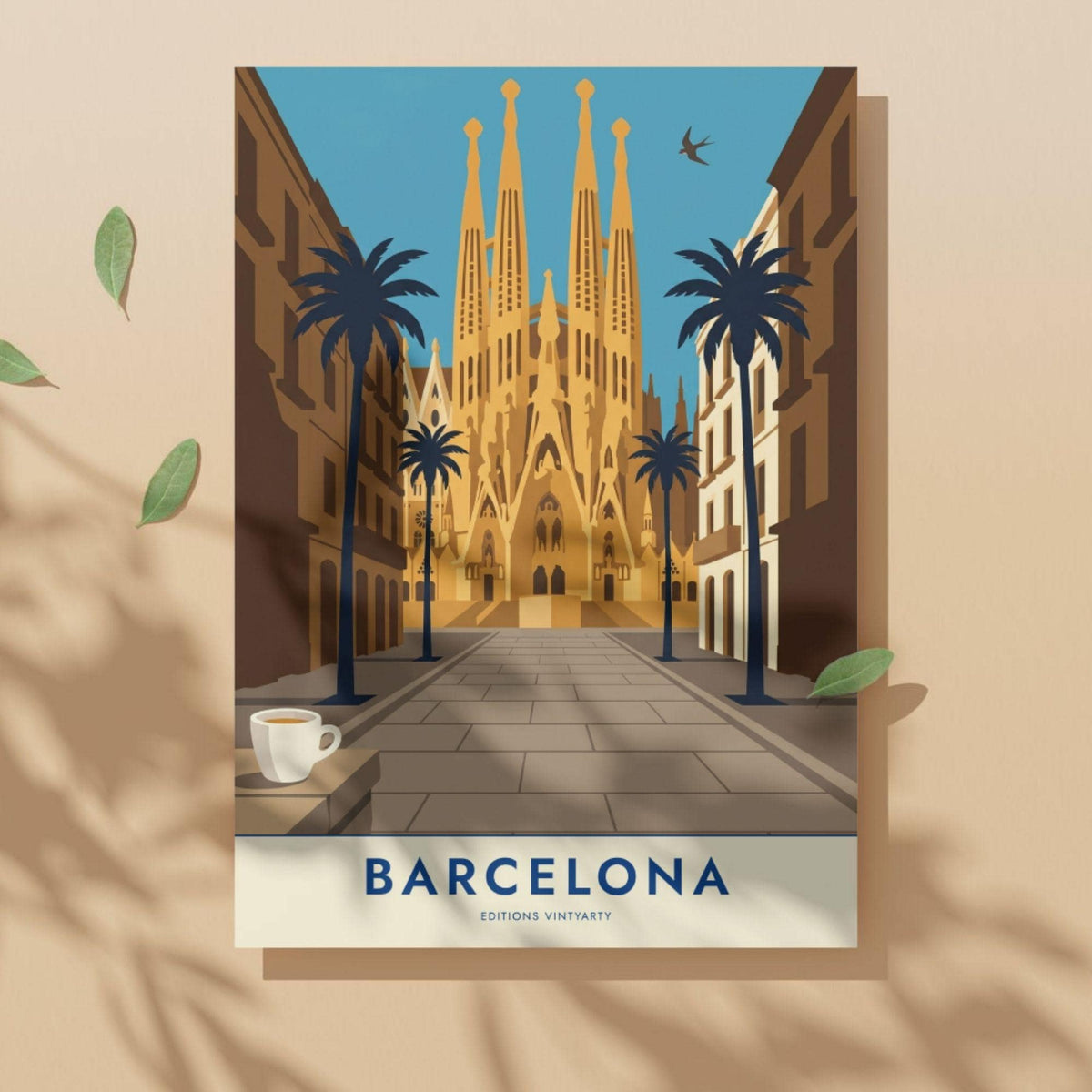 Affiche Barcelone Sagrada Familia, poster Gaudi architecture, art mural ocre voyage Espagne