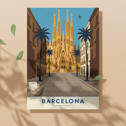 Affiche Barcelone Sagrada Familia, poster Gaudi architecture, art mural ocre voyage Espagne
