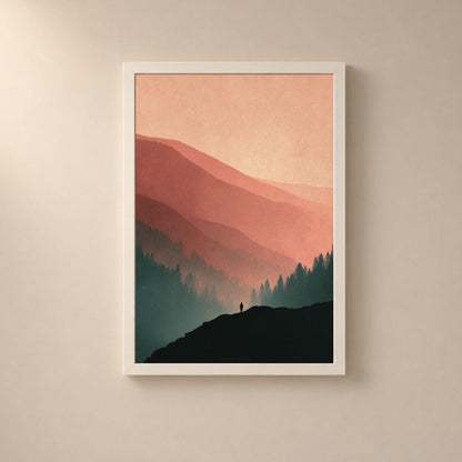 Affiche montagnes au couchant, poster forêt de sapins et silhouette, art mural terracotta et vert