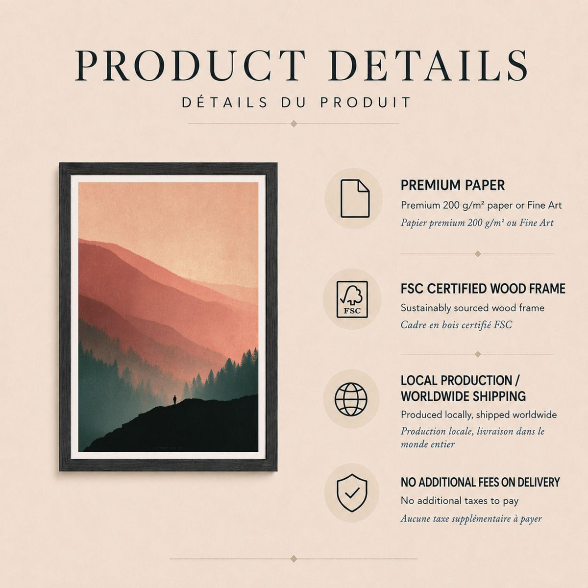 Affiche montagnes au couchant, poster forêt de sapins et silhouette, art mural terracotta et vert
