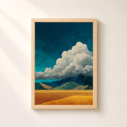 Affiche ciel d'orage et champs dorés, poster paysage impasto, art mural bleu et jaune texturé