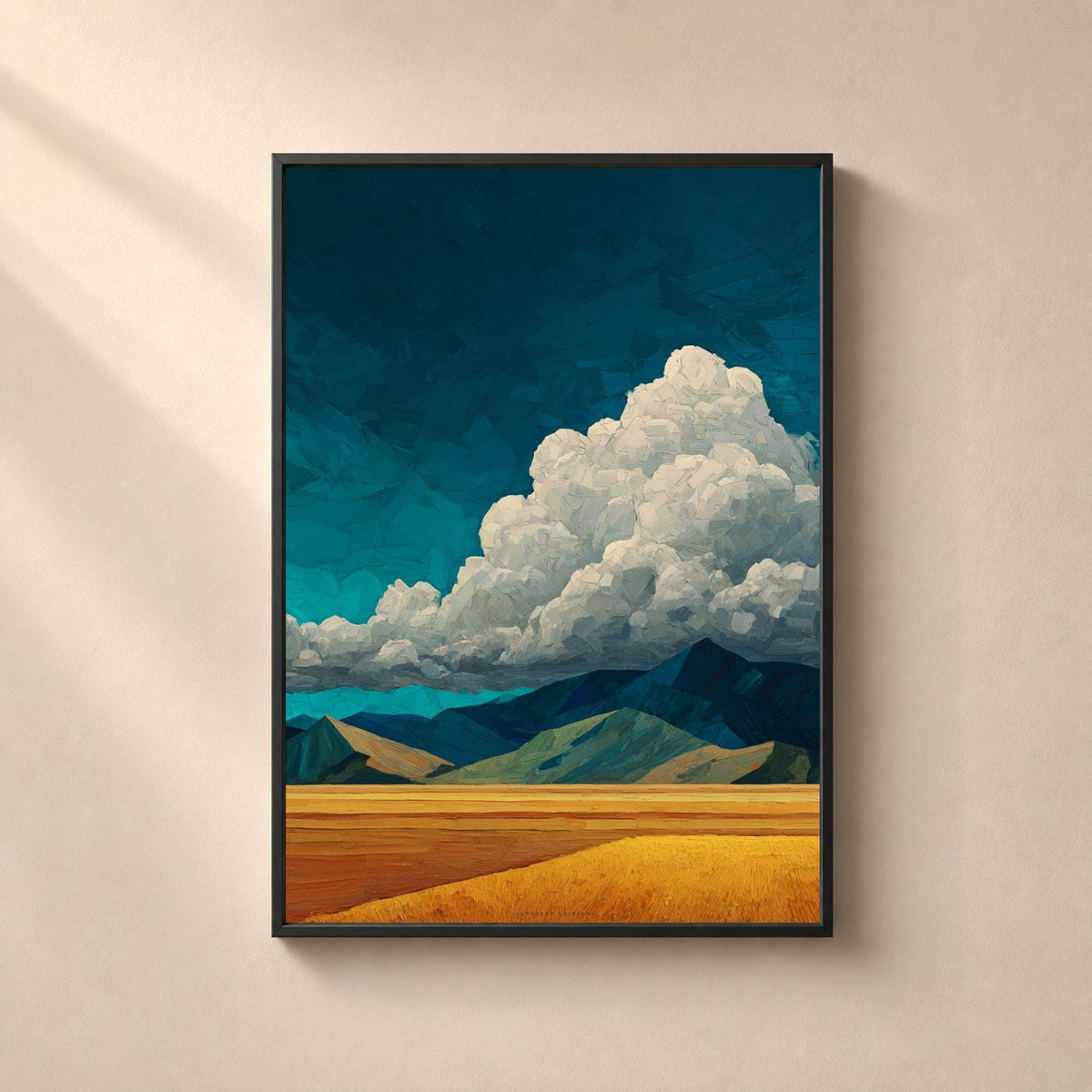 impasto wall art, post impressionist print, storm cloud art, wheat field art, thick brushstroke art, blue and yellow decor, painterly landscape art, dramatic sky print, countryside wall art, textured art print, landschaftsbild kunst, colourful wall art, large wall art