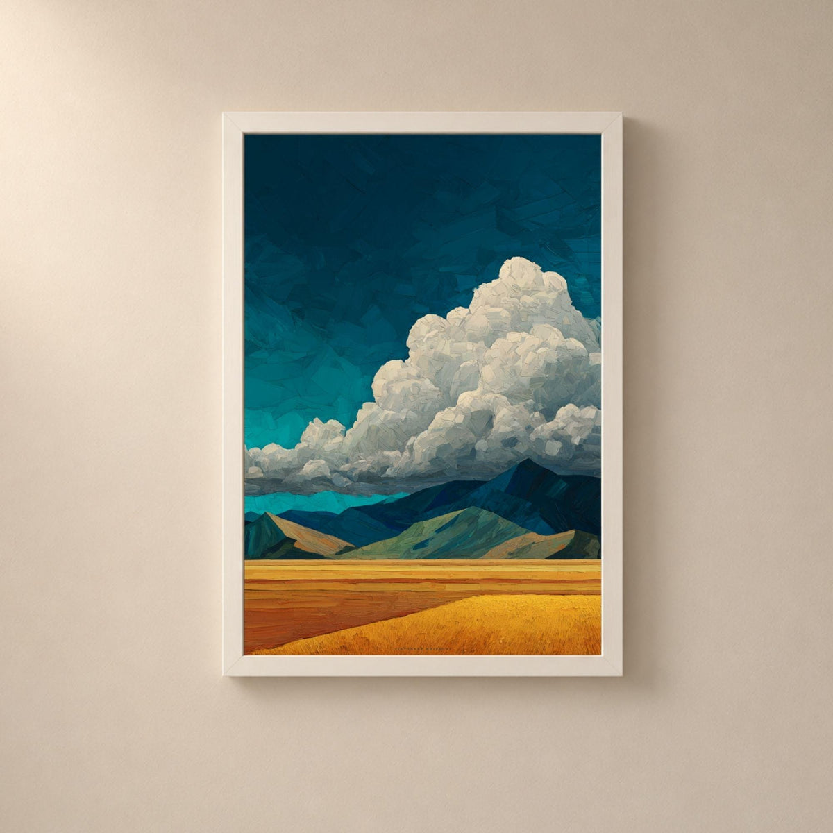 Affiche ciel d'orage et champs dorés, poster paysage impasto, art mural bleu et jaune texturé
