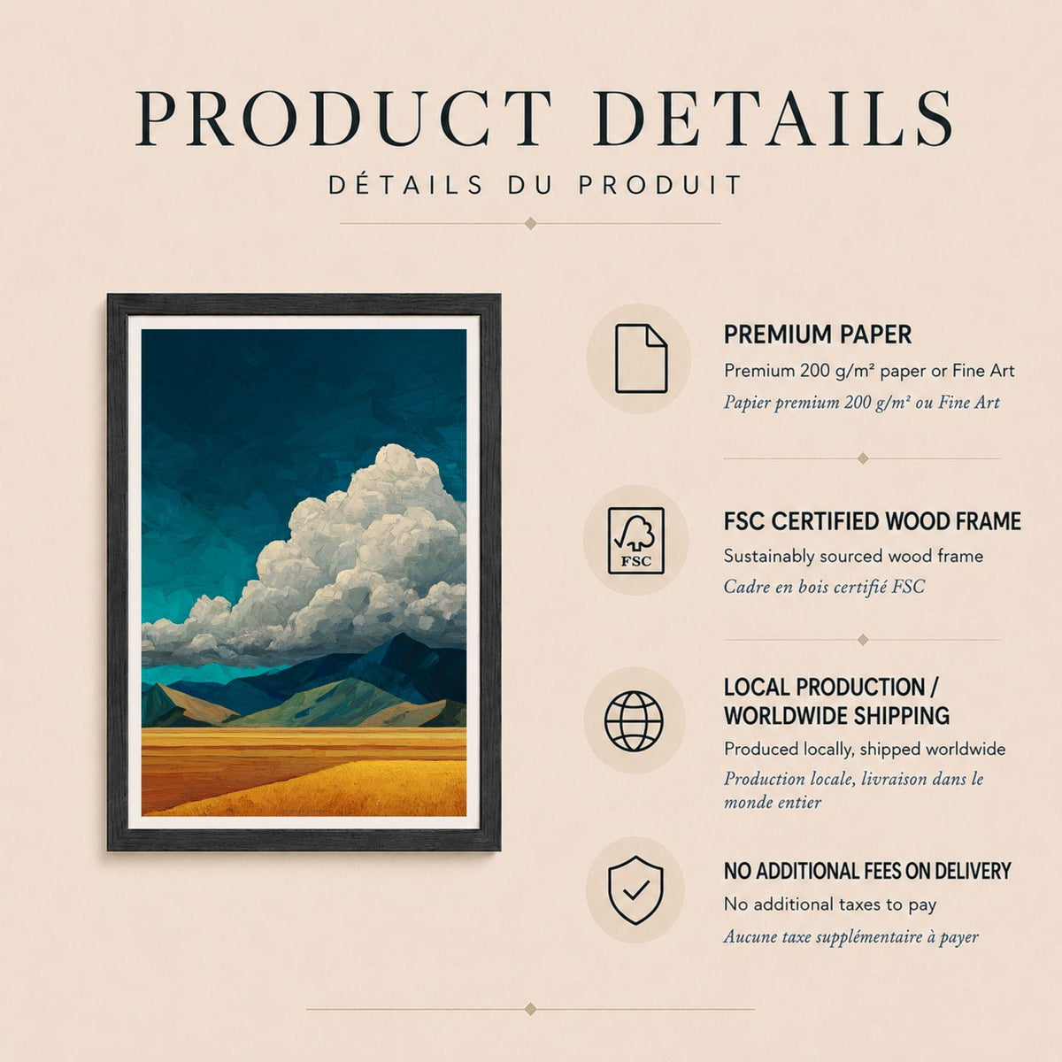 Affiche ciel d'orage et champs dorés, poster paysage impasto, art mural bleu et jaune texturé