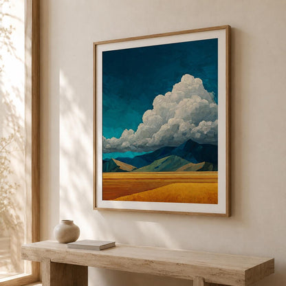 Affiche ciel d'orage et champs dorés, poster paysage impasto, art mural bleu et jaune texturé