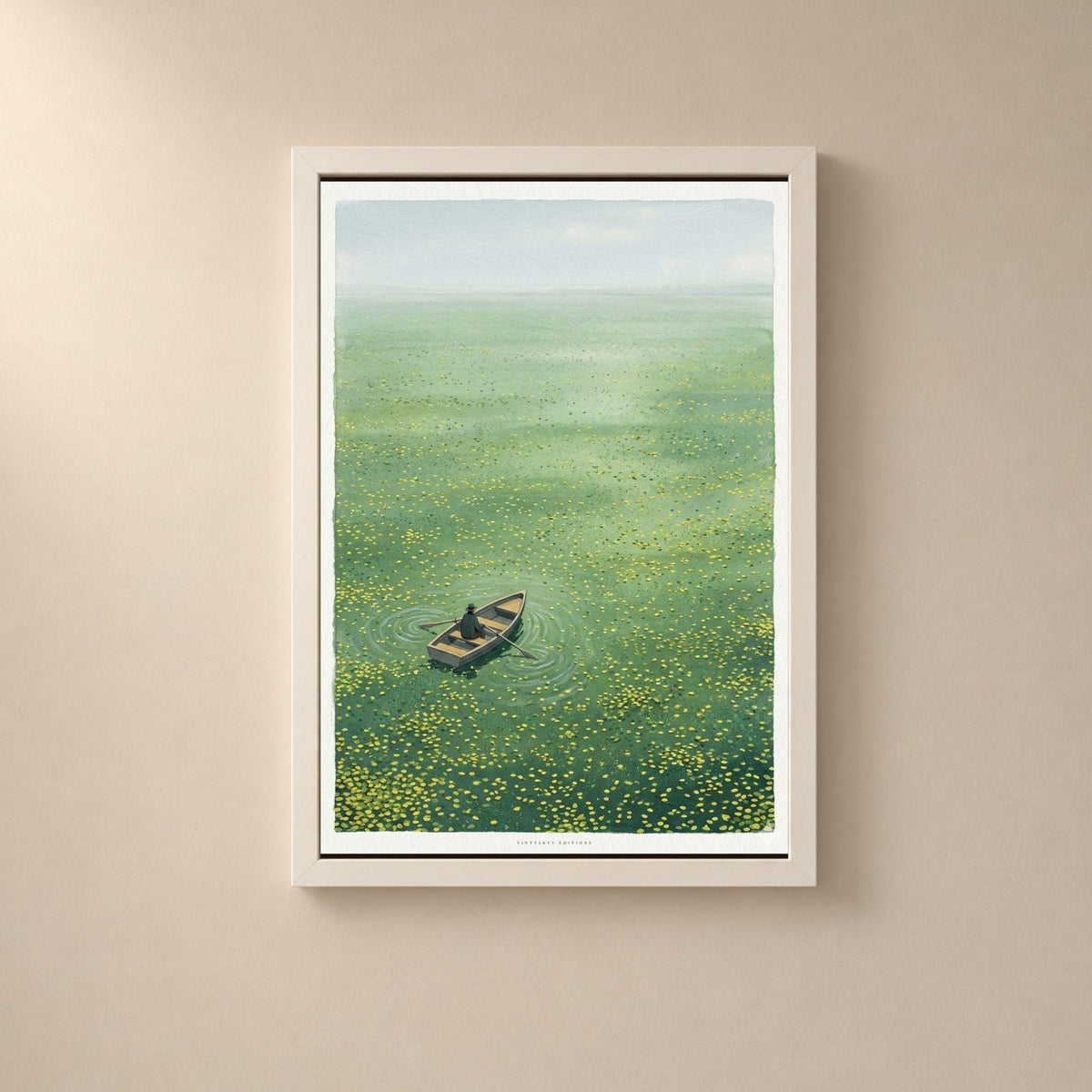 Affiche barque sur étang de nénuphars, poster rameur solitaire, art mural vert apaisant