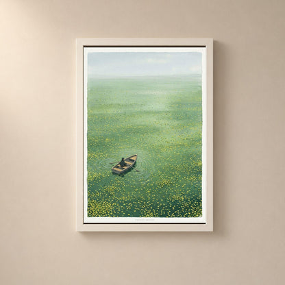 Affiche barque sur étang de nénuphars, poster rameur solitaire, art mural vert apaisant