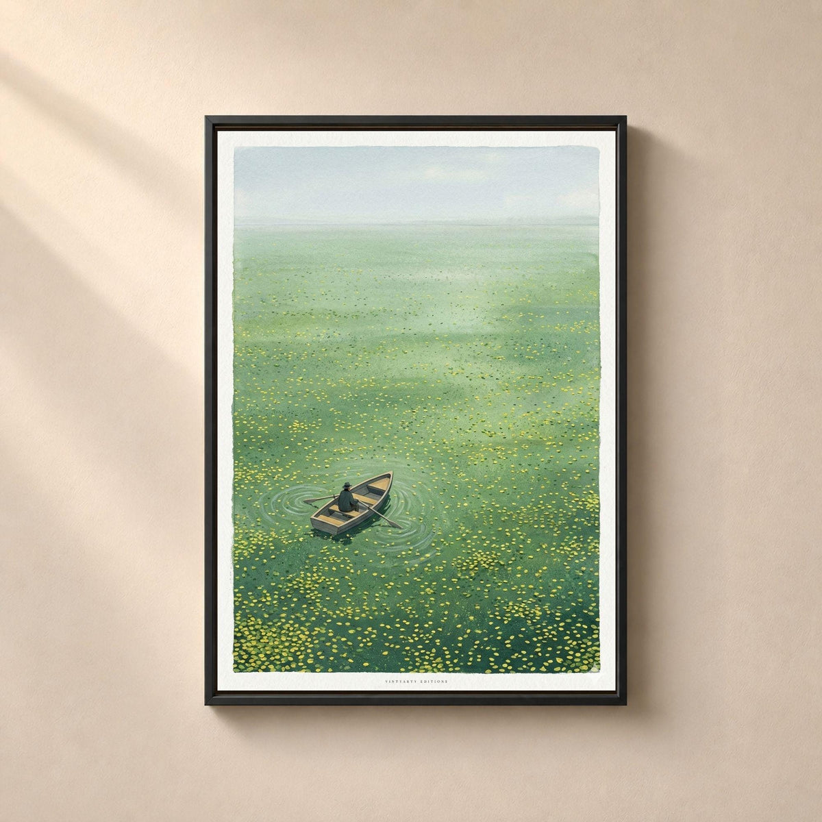 Affiche barque sur étang de nénuphars, poster rameur solitaire, art mural vert apaisant