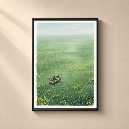 Affiche barque sur étang de nénuphars, poster rameur solitaire, art mural vert apaisant