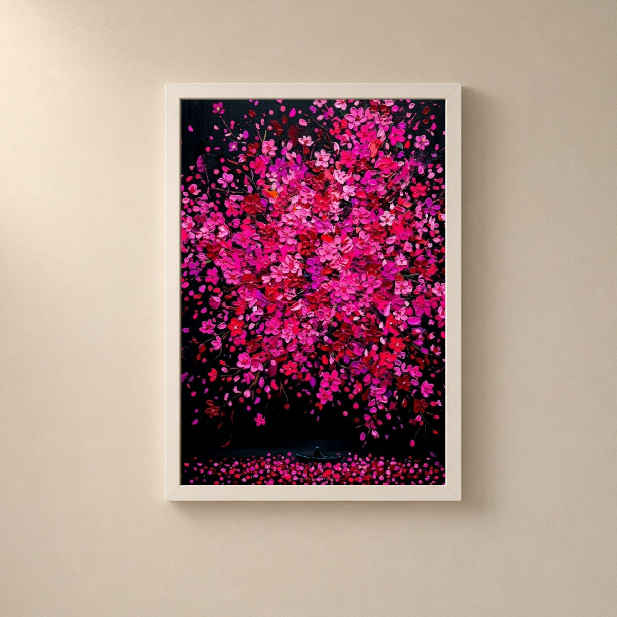 Affiche arbre en fleurs roses sur fond noir, poster floral en empâtements, art mural rose et noir