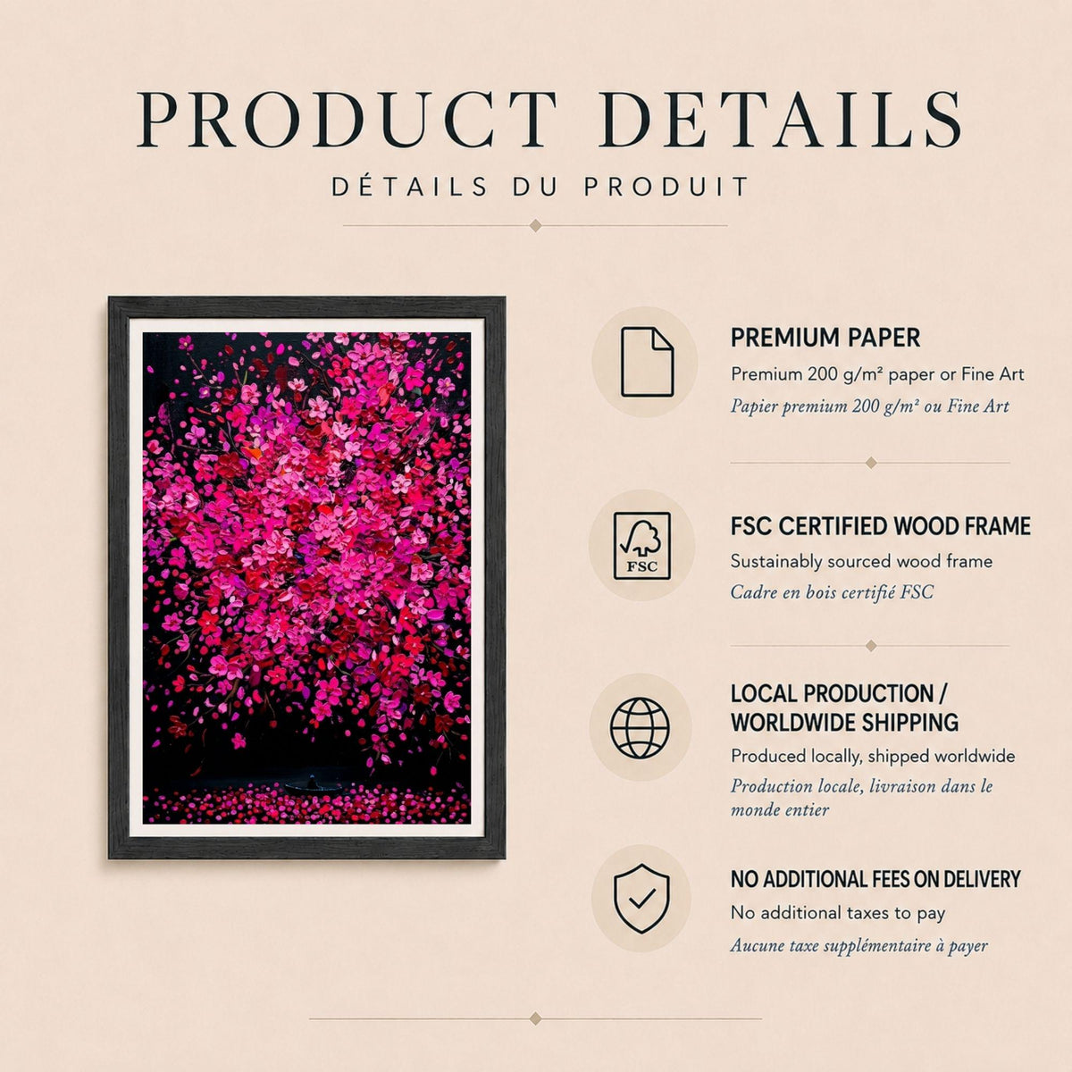 Affiche arbre en fleurs roses sur fond noir, poster floral en empâtements, art mural rose et noir